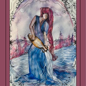 Aquarius zodiac sign artwork (card 1) and written signification of the sign (card 2). Beautiful watercolour artwork + inspirational message.