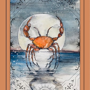 Ilustración del signo zodiacal de Cáncer (tarjeta 1) y significado escrito del signo (tarjeta 2). Hermosa ilustración en acuarela + mensaje inspirador.