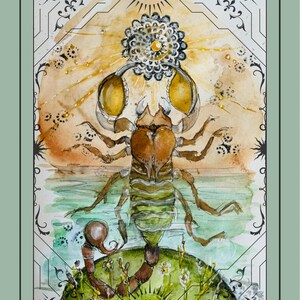 Illustration du signe du zodiaque Scorpion (carte 1) et signification écrite du signe (carte 2). Belle oeuvre d'art à l'aquarelle + message inspirant.