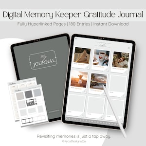 May include: Digital memory keeper gratitude journal on a tablet. The tablet displays a grid of photo placeholders with sample images. Includes a stylus and a second tablet with a journal cover that reads "My Journal". Also includes sticker sheets.
