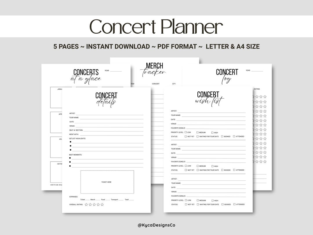Concert Planner Printable | Minimal Concert Journal | Concert Log ...