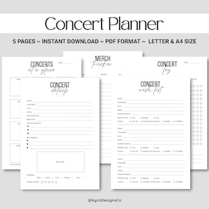 Op de afbeelding: Een witte concertplanner met zwarte tekst. De planner bevat pagina's voor concertdetails, een verlanglijst en een merch-tracker. De tekst luidt "Concert Planner" en "5 Pages ~ Instant Download ~ PDF Format ~ Letter & A4 Size."