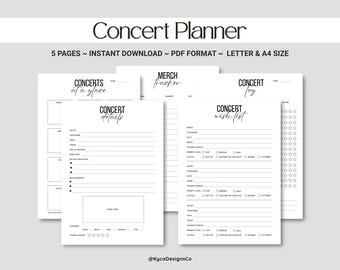 Może przedstawiać: Biały planer koncertowy z czarnym tekstem. Planer zawiera strony ze szczegółami koncertów, listą życzeń i trackerem merch. Tekst brzmi "Concert Planner" i "5 Pages ~ Instant Download ~ PDF Format ~ Letter & A4 Size."