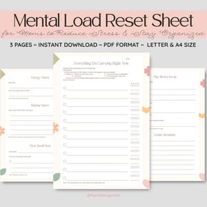 Feuille de réinitialisation de la charge mentale pour les mamans | Agenda 3 pages pour réduire le stress et rester organisé