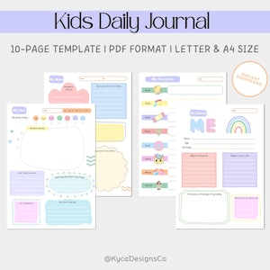 Puede incluir: Una plantilla de diario diario para niños colorida con el texto "Kids Daily Journal". El diario incluye páginas para entradas diarias, favoritos y autorreflexión. El diseño presenta colores pastel e ilustraciones lúdicas. Disponible en formato PDF.
