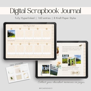 Może przedstawiać: Cyfrowy dziennik scrapbookowy wyświetlany na dwóch tabletach, prezentujący beżowy styl papieru z miejscami na zdjęcia. Tekst brzmi "Fully Hyperlinked | 160 wpisów | 8 stylów papieru Kraft" i "Zbieraj swoje cenne wspomnienia na stronach."