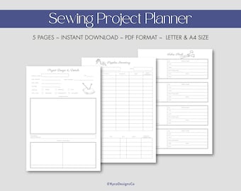 May include: A white Sewing Project Planner with a blue banner at the top. The planner includes pages for project design, supplier inventory, and fabric stash. Text on the banner reads "Sewing Project Planner". The planner is available in PDF format, Letter & A4 size.