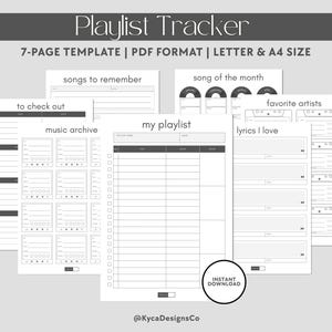 Puede incluir: Un rastreador de listas de reproducción imprimible en blanco y negro con el texto "Playlist Tracker" y "7-PAGE TEMPLATE | PDF FORMAT | LETTER & A4 SIZE". El rastreador incluye secciones para canciones, artistas y letras. Con un gráfico de "Descarga instantánea".