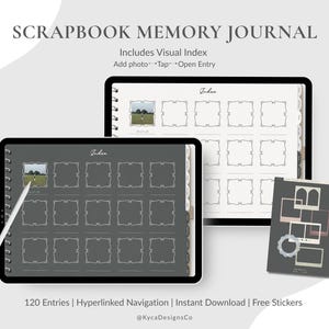 May include: A digital scrapbook memory journal displayed on two tablets, one with a dark gray interface and one with a light cream interface, both featuring a visual index grid. A white stylus is shown, along with a sticker sheet containing various frames.