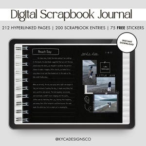 Può includere: Diario digitale di scrapbook con 212 pagine con collegamenti ipertestuali, 200 voci di scrapbook e 75 adesivi gratuiti. Il diario presenta uno sfondo nero con il testo "Beach Day" e foto. Include il testo "Download istantaneo".