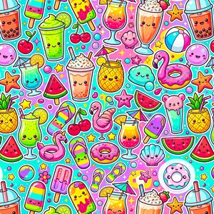 May include: A vibrant pattern featuring kawaii-style illustrations of summer items including boba tea, popsicles, watermelon slices, pineapples, pink flamingo pool floats, donuts, flip-flops, seashells, and starfish against a gradient background.