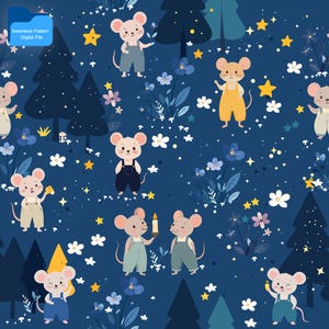 Motif souris féerique nuit • Tissu pour chambre d'enfant, courtepointe et impression d'emballage cadeau • Répétition de carreaux numérique