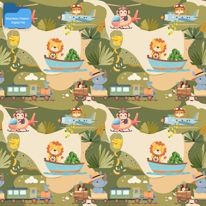 サファリ動物輸送シームレスパターン、ジャングルキッズファブリックプリント、ライオン、サル、トラの電車の子供部屋デザイン、即時ダウンロード