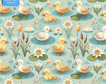 Ducklings Pond Nursery Seamless Pattern Digital File for Fabric Printing and Kids Quilting