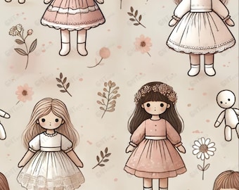 Vintage Doll Seamless Pattern: High-Resolution Printable (Digital Download)