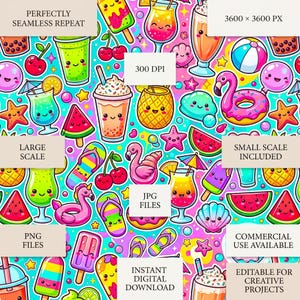 May include: A seamless digital pattern featuring colorful kawaii-style summer icons including smiling drinks, watermelon slices, cherries, flip-flops, pineapples, seashells, and pink flamingo pool floats on a vibrant blue and pink gradient background.