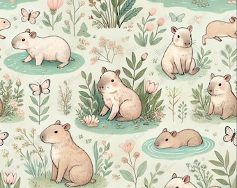 Capybara Nursery Wallpaper: Gender Neutral Kids Textile Print (Digital File)
