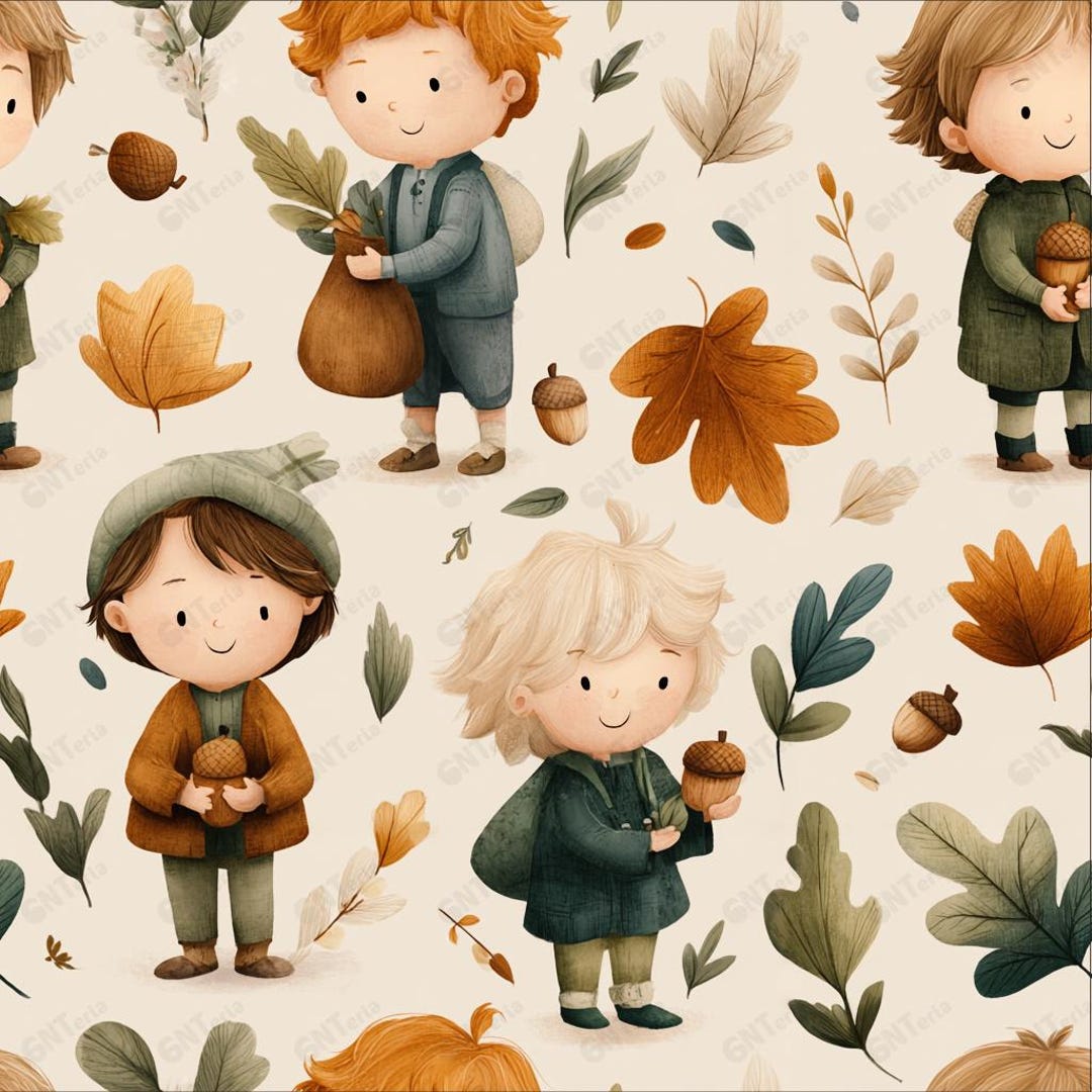 Whimsical Autumn Kids Seamless Pattern – Cozy Fall Leaves & Acorns ...