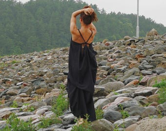 Black Linen Maxi Dress: Open Back Abaya Kaftan Beach Robe