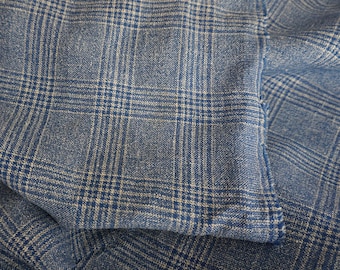 Denim Blue Tartan Plaid Linen Wool Fabric: Heavyweight Craft Cloth