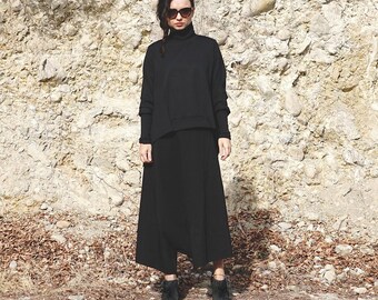 Black Cotton Palazzo Pants: High Waisted Wide Leg Sarouel