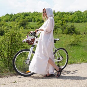 Baby Pink Linen Kaftan, Long Linen Dress, Maxi Dress, Linen Abaya, Linen Maxi Hoodie, Hooded Linen Dress, Summer Dress, V neck woman dress