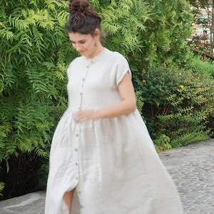 Beige Linen Shirtdress, Linen Clothing, Linen Mama Dress, Summer Dress, Plus Size Clothing, Boho Dress, Sustainable fashion, Ruffles Dress