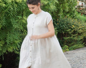 Vestido camisero de lino beige con volantes, estilo bohemio, talla grande