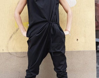 Combinaison en coton noire à entrejambe basse : barboteuse oversize sans manches
