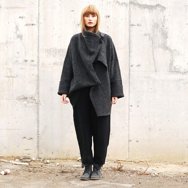Oversized Boiled Wool Jacket, Asymmetrical Wrap Coat, Minimalist Avant Garde Outwear, Loose Wool Jacket, Wool Vest, Dark Gray Wool Jacket