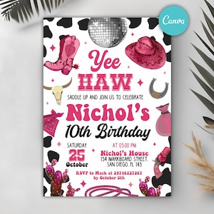 Cowgirl Birthday Invitation, Nashville Party, Pink Cowgirl Party Invite, Space Cowgirl Birthday, Disco Rodeo Invite, Editable Canva Template