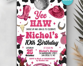 Invitación de cumpleaños de vaquera, fiesta de Nashville, invitación de fiesta de vaquera rosa, cumpleaños de vaquera espacial, invitación de rodeo disco, plantilla de Canva editable