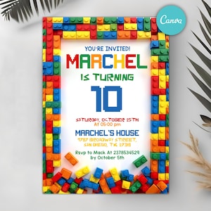 May include: A birthday party invitation with a border made of toy building blocks in various colours. The invitation text reads "You're Invited! Marchel is turning 10" with the date, time, and location details. The Canva logo is visible.