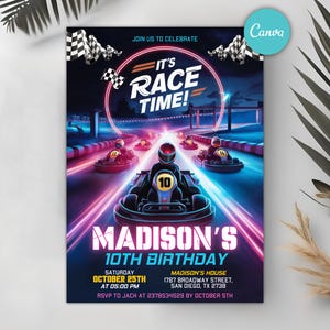 Convite de aniversário de kart editável, convite para festa de kart, convite de karting, convite para corrida de kart para qualquer idade, modelo para impressão Canva