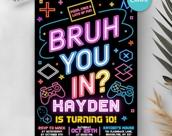 Bruh Birthday Invitation, Bruh Neon Invitation, Teenager Boys Party, Boy Gamer Birthday Party Invitation, BRUH YOU IN? Birthday Invitation