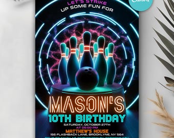 Editable Bowling Birthday Invitation, Glow Bowling Invitation, Neon Bowling Party, Boy Bowling Invite, Glow Invite, Strike Up Some Fun