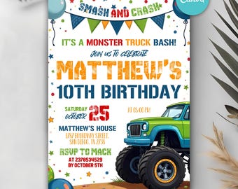 Monster Truck Birthday Invitation, Monster Truck Bash!, Monster Truck Party Invite, Boy Monster Truck Invite, Digital Canva Template