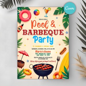 BBQ and Pool Invitation, Backyard BBQ Pool Party Invite, Summer Party Invitation, Barbecue Pool Invitation, Editable Canva Template