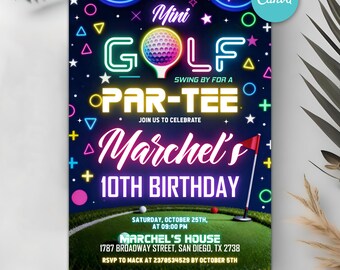 Mini Golf Birthday Invitation, Glow Party, Boy Girl Golf Party Invite, Golf Invitation, Sports Birthday Party, Let's Par Tee, Editable Canva