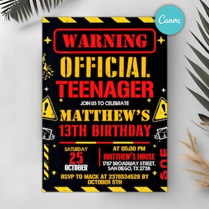 13Th Boy Birthday Invitation, Official Teenager Invitation, Boy Teenager 13th Birthday Invites, Editable Canva Template