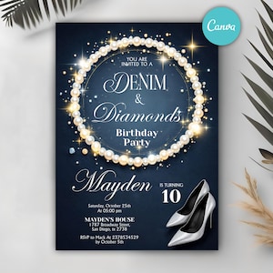 Denim and Diamonds Birthday Invitation, Elegant Invitation, Denim and Diamond Party Invitation, Adult Invitation, Blue Jeans, Printable