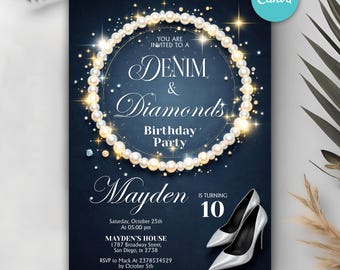 Denim and Diamonds Birthday Invitation, Elegant Invitation, Denim and Diamond Party Invitation, Adult Invitation, Blue Jeans, Printable