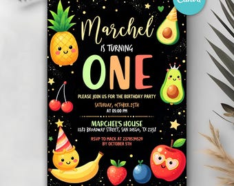 Editable Dancing Fruit Birthday Invitation, Kids Birthday Party Invitation, Hey Bear Sensory Invitation, Hey Bear Birthday, Instant Download