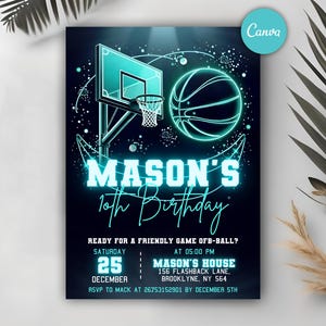 Basketball birthday Invitation, Sports Invitation, Girls Boys Birthday Invitation, Neon Basketball Party Invite, Neon Sports Theme, Any Age