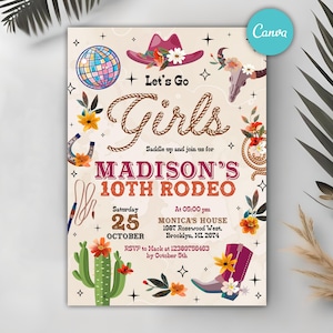 Let&#39;s Go Girls Birthday Invitation, Disco Rodeo Party Invite, Nashville Party, Pink Cowgirl Birthday Party Invite, Editable Canva Template