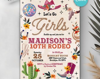 Invitación de cumpleaños de Let's Go Girls, invitación a fiesta de rodeo disco, fiesta de Nashville, invitación a fiesta de cumpleaños de vaquera rosa, plantilla de Canva editable