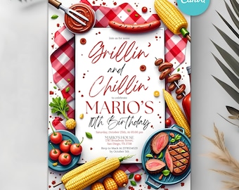 Editable BBQ Birthday Invitation, Grillin and Chillin Invite, Backyard Birthday Party Invite, Barbeque Invitation, Any Age, Digital Canva