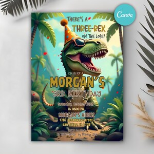 Editable Dinosaur Birthday Invitation, Three Rex Birthday Invite, Boys Third Birthday Dino Party, Three-Rex On The Loose, Instant Download