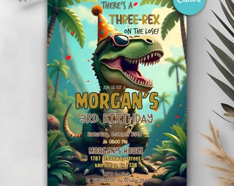 Invitación editable de cumpleaños de dinosaurio, invitación de cumpleaños de los Tres Rex, fiesta de dinosaurios para el tercer cumpleaños de un niño, Tres Rex sueltos, descarga instantánea
