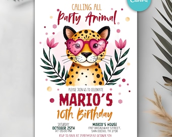 Invitación de cumpleaños de animales de fiesta, invitación de cumpleaños de animales de fiesta, invitación de fiesta de safari, temática de jungla, leopardo, Canva editable